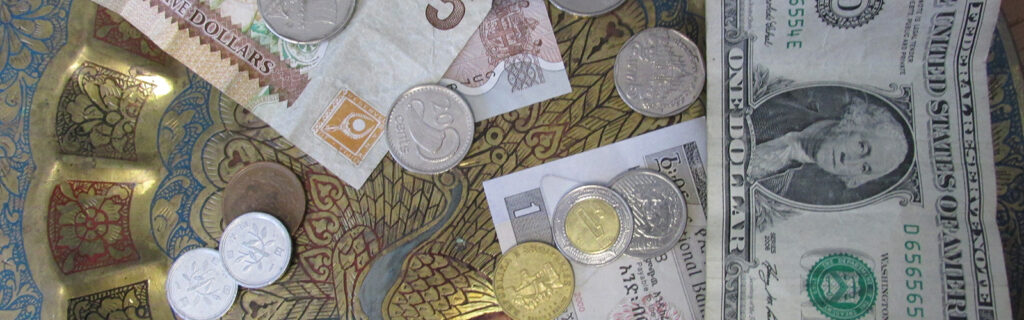 A collection of foreign currency.