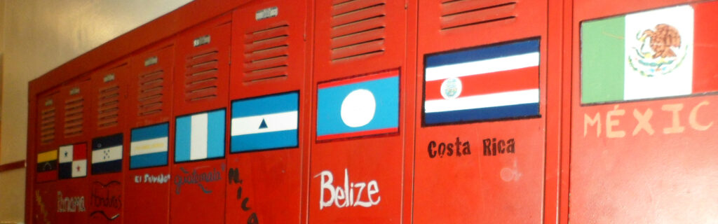 Country flags on lockers in a school