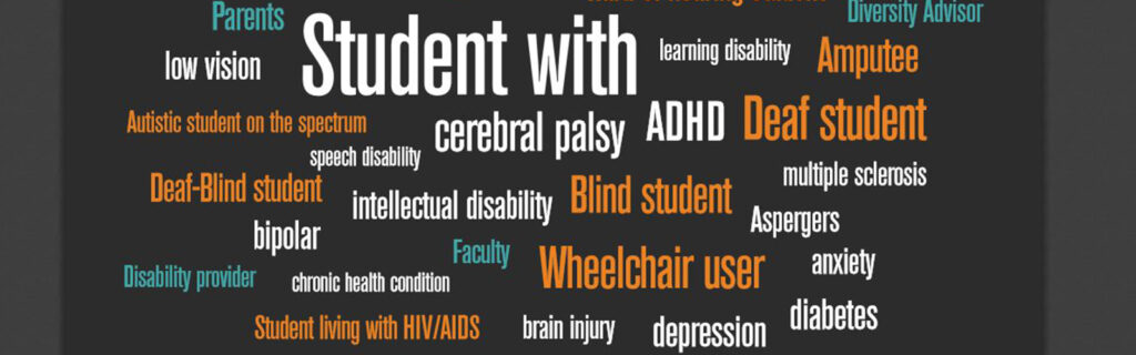 Word cloud featuring the phrase "Student with" surrounded by diverse types of disabilities