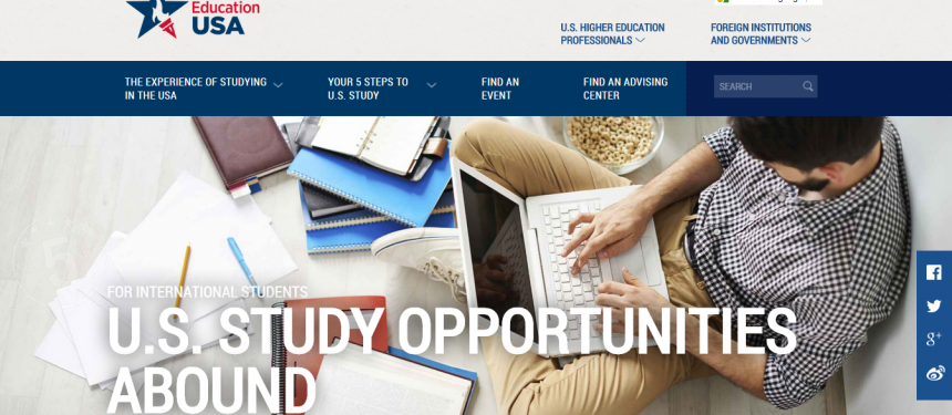 EducationUSA website snapshot that says "For International Students: U.S. Study Opportunities Abound"