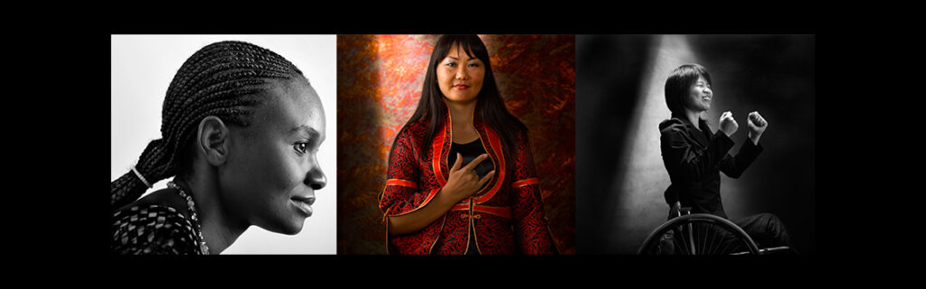 Three portraits of women: a woman in profile in black and white; a woman holding sign for "I Love You" and wearing colorful garment; a woman making victorious gesture