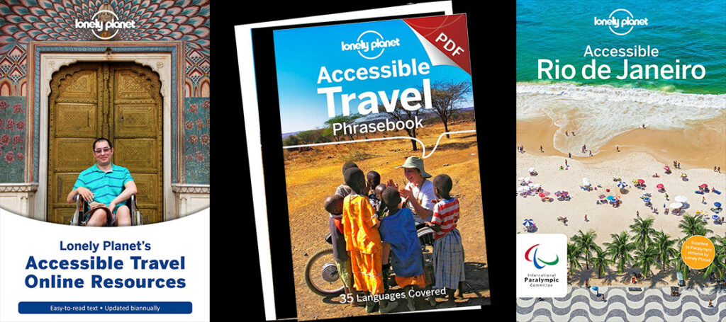 Three Lonely Planet book cover designs featuring Accessible Travel locations and images