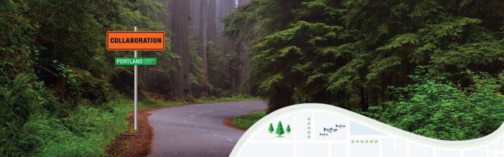 In the foreground graphic, a metal pole supports an orange rectangular road sign labeled “Collaboration” and below it, a green sign labeled “Portland Community College.” In the background photo, fir trees tower above a narrow road that bends through a forest.