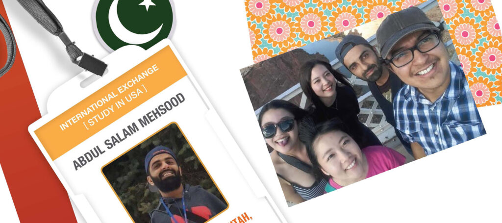 Collage of an ID badge showing Abdul; a group selfie that includes Abdul at Grand Canyon; a sticker of Pakistan flag