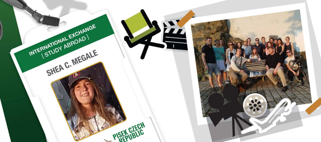 Collage of an ID badge showing Shea; a group photo of Shea and students/actors abroad; stickers of a director's chair and clapboard