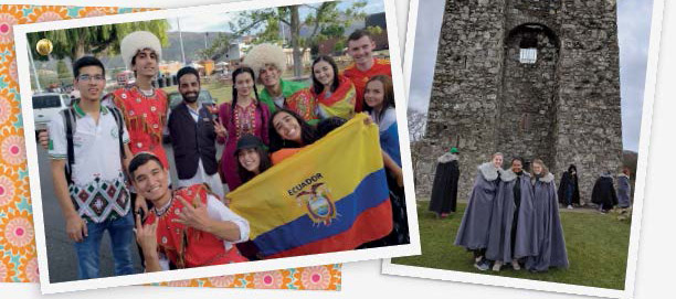 Two photos side by side; one is a group photo of young men and women wearing diverse traditional dress and holding flags; the other shows three young women wearing capes before a Celtic castle