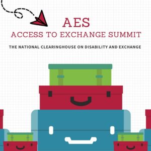 AES Logo featuring cartoon image of stacked suitcases, a paper airplane