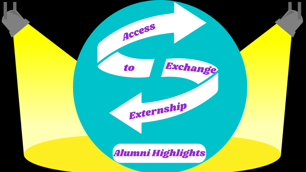 Graphic titled Access to Exchange Externship Alumni Highlights. Black background. Two Spotlight lamps shining yellow light from top corners. Light intersect to an green circle with a double arrow white with title in purple letters.